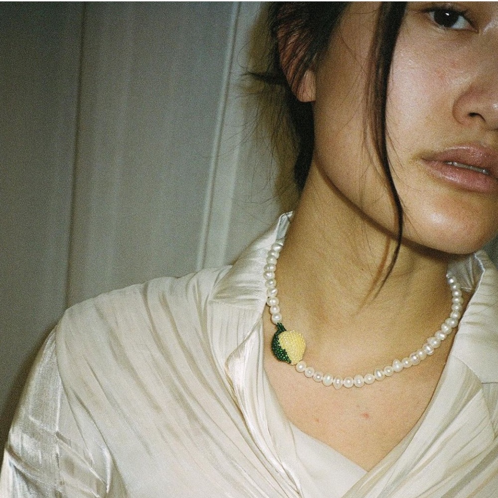 Real Pearl and Glass Beaded Lemon Necklace 🍋